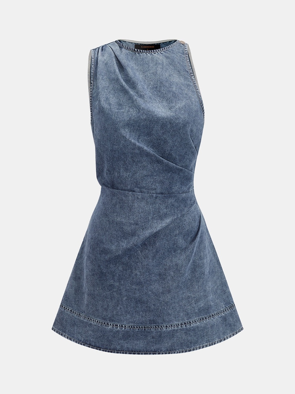 Commense Ruched Sleeveless Asymmetric Denim Mini Dress